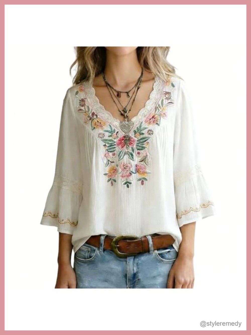 Womens Floral Embroidered Lace Trim 3/4 Bell Sleeve V-Neck Blouse Boho Top